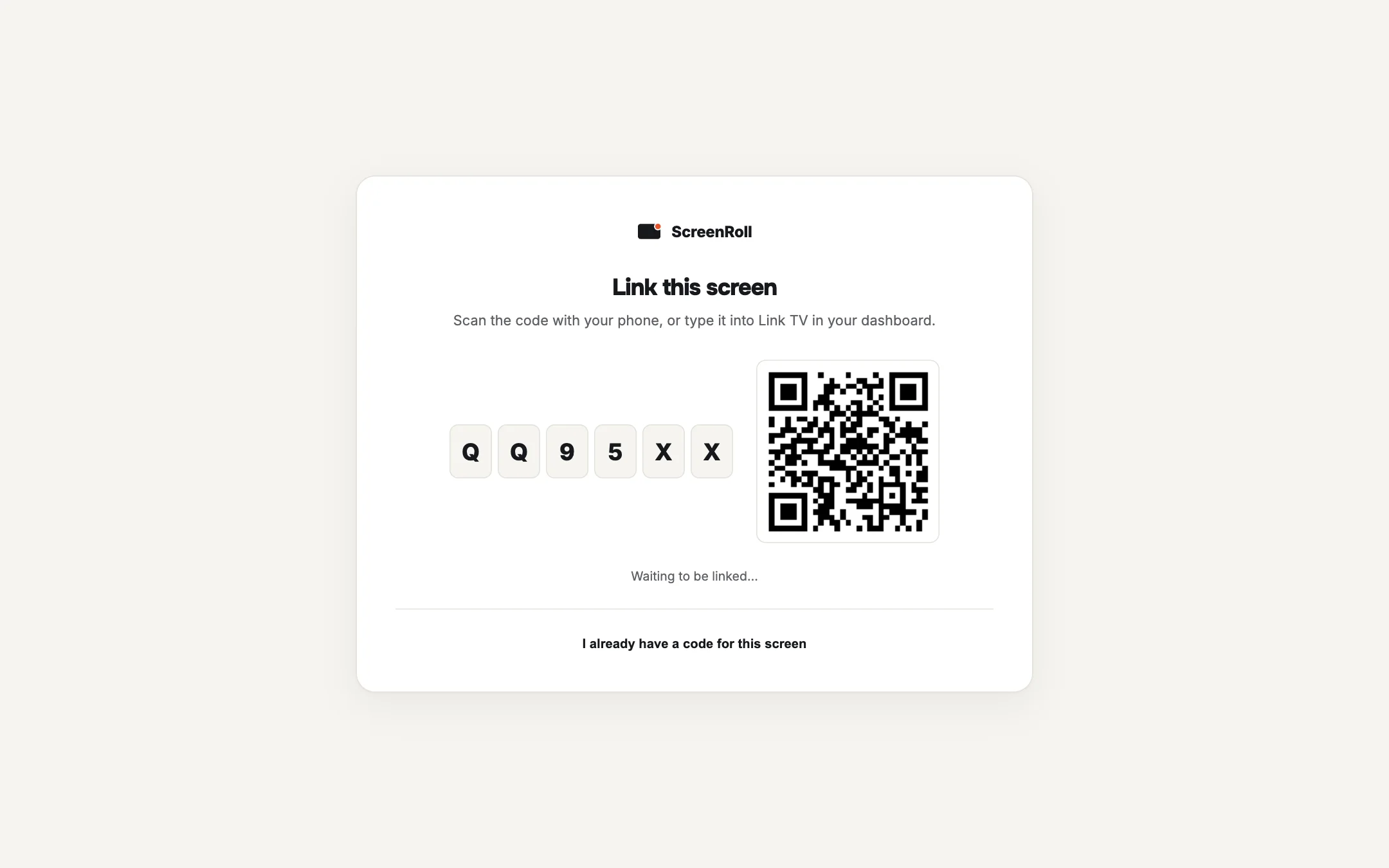 La pantalla de vinculación que muestra un televisor: un código de seis caracteres y un código QR