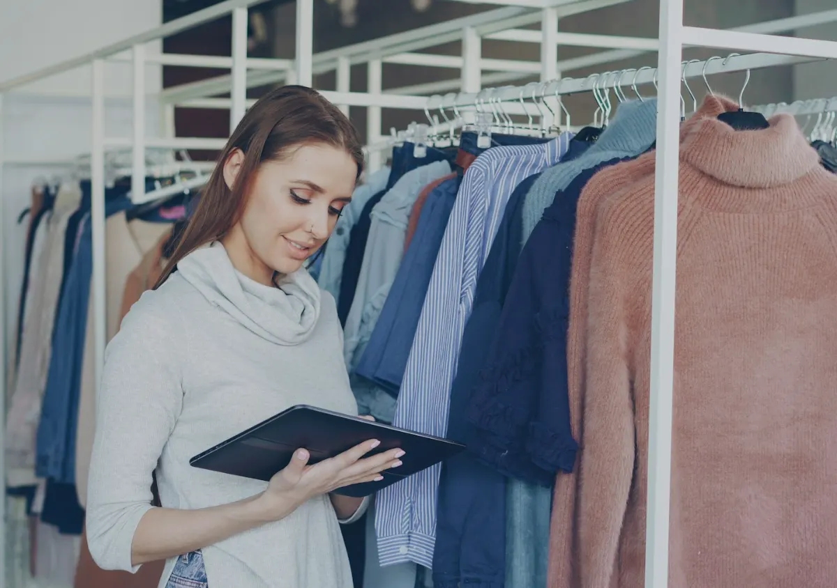 A shop manager checking the screens on a tablet, between the clothes rails