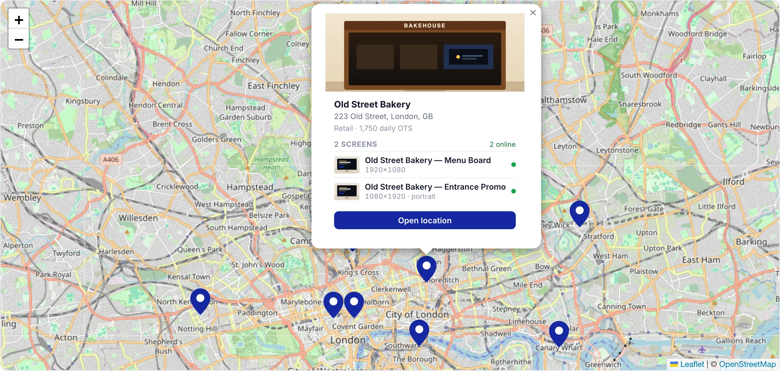 Map of London with the bakery's nine sites pinned; the Old Street site card is open, showing its two screens online