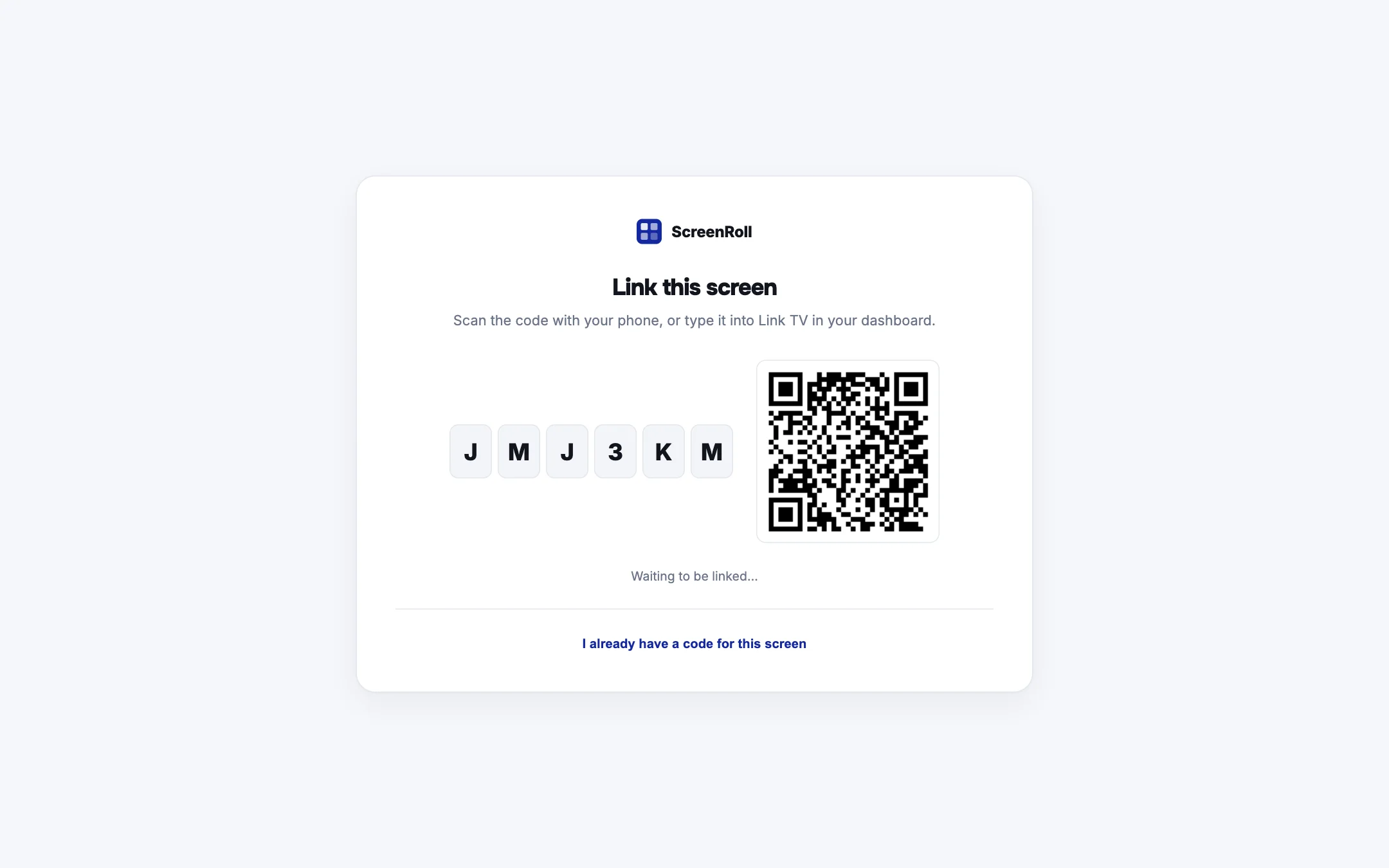The pairing screen a television shows: a six-character code and a QR code