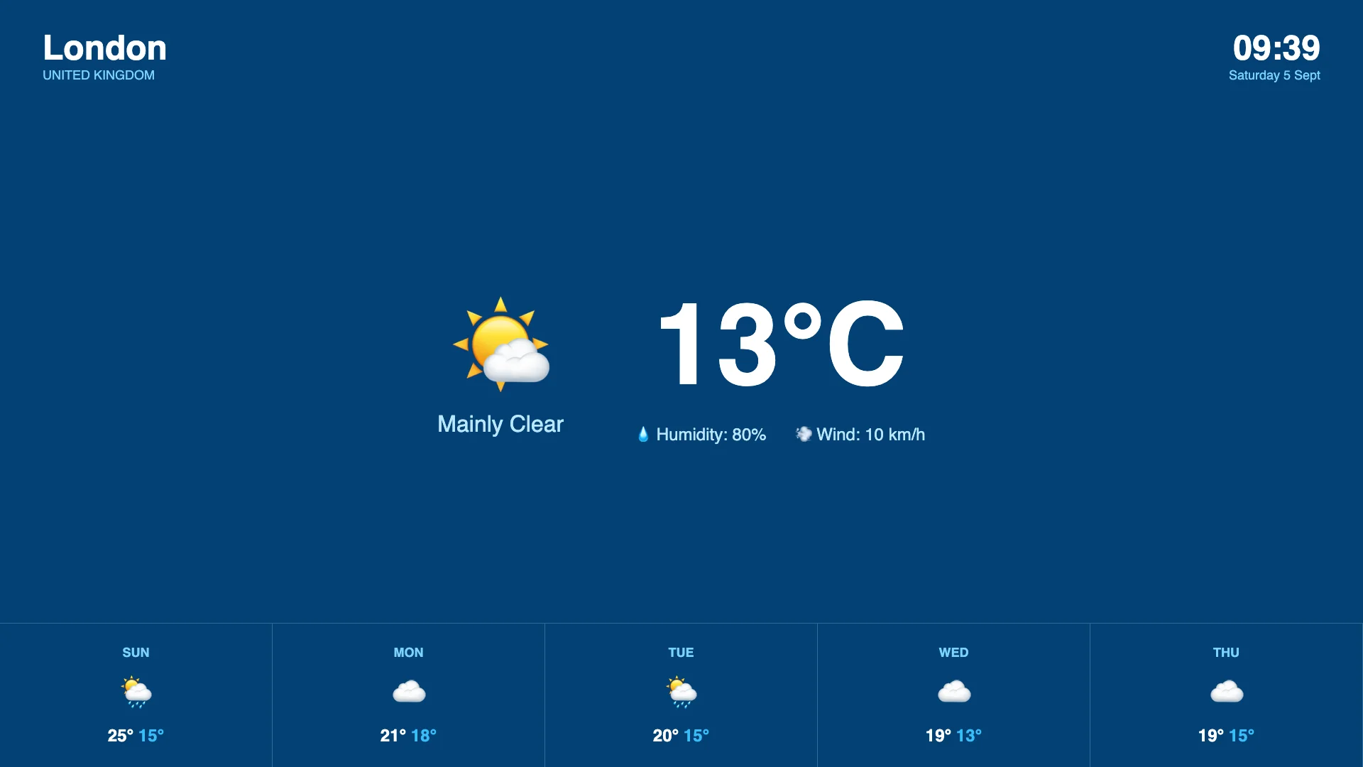 The same screen a moment later: today's weather for London, from a widget in the playlist