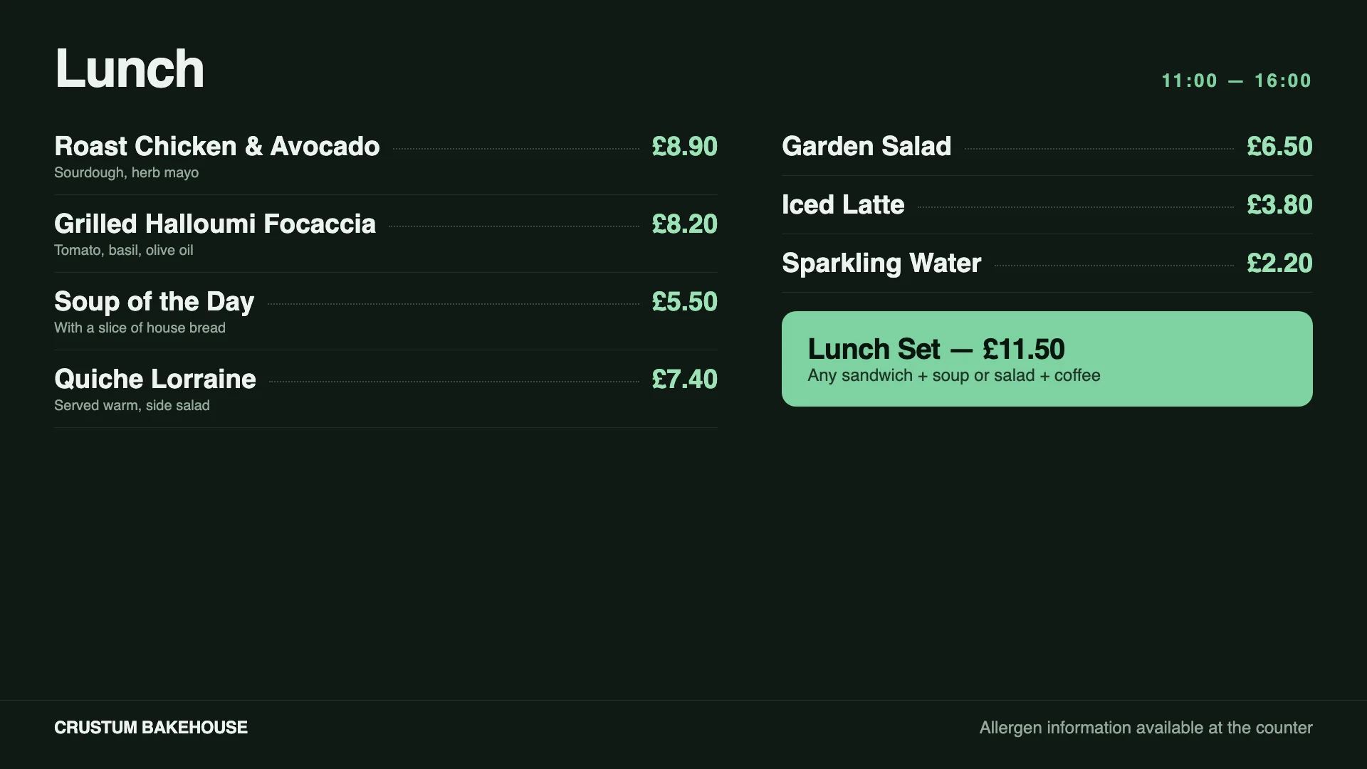 The lunch menu on the same screen