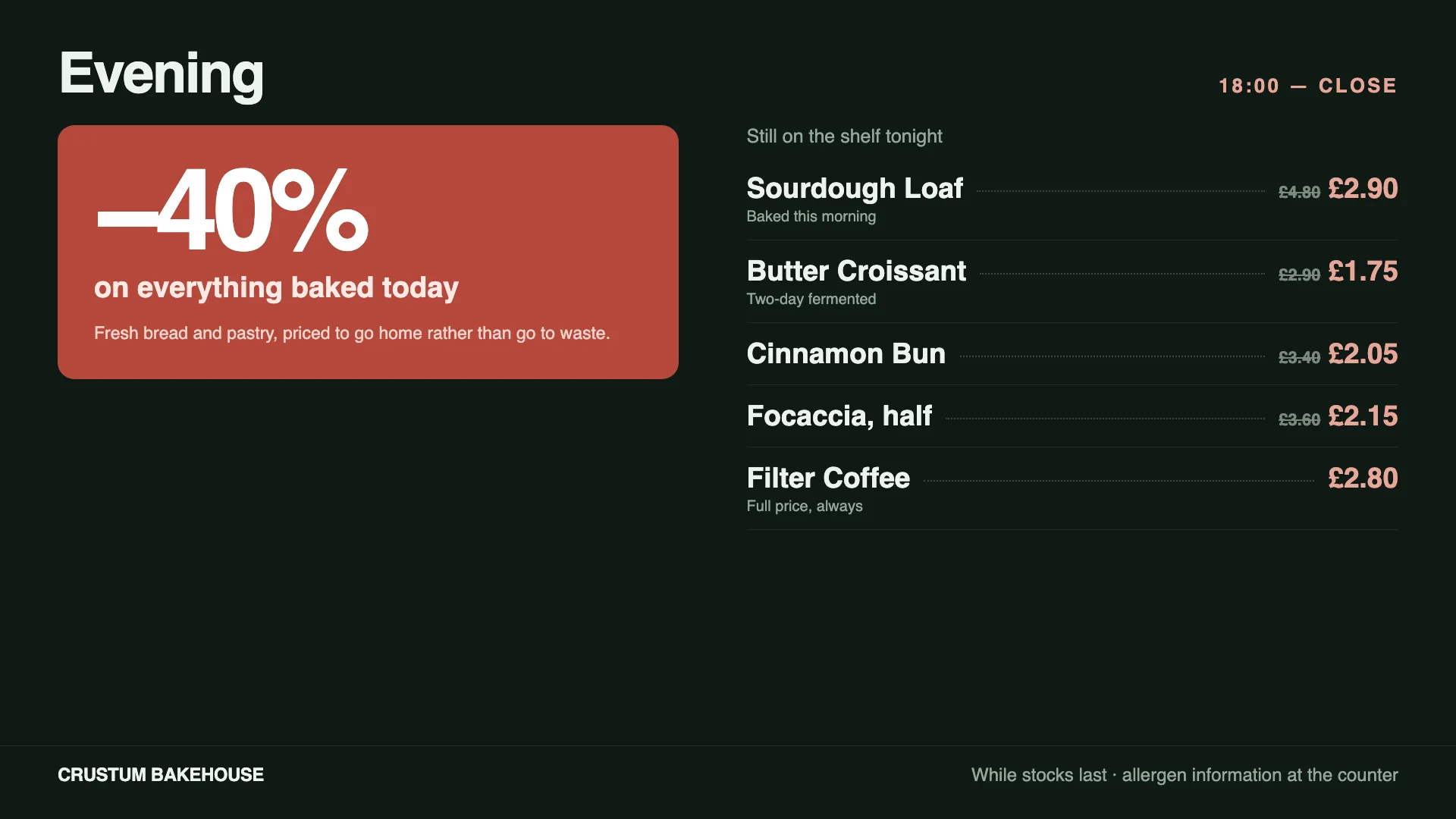 The evening menu with the minus 40 percent offer