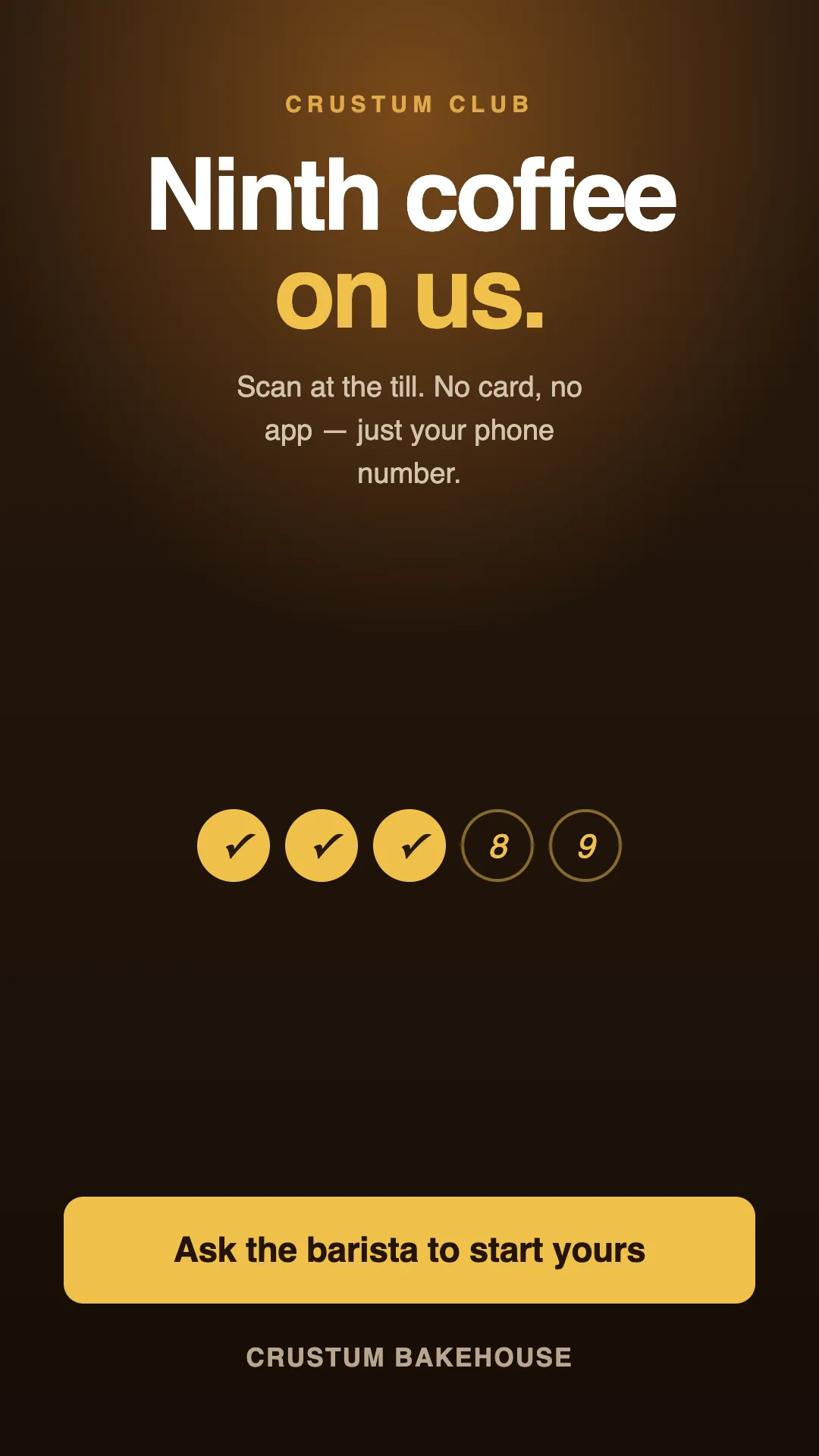 Portrait screen: the bakery's loyalty offer, ninth coffee on us